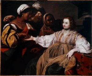 Spåkonen En kvinne kom for å konsultere en palmisist. Maleri av Nicolas Regnier (1591-1667) Søn. 1,2x1,5 m av Nicolas Regnier