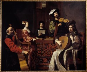 Barokkmusikk: “”Konserten””” Musikere som spiller strengeinstrumenter. Maleri av Nicolas Tournier (1590-1657) 1600-tallets søn. 1,88x2,26 m