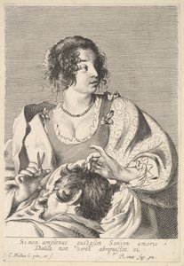 Delila forbereder seg på å klippe Samsons hår med en saks i høyre hånd, under brystet..., ca. 1629. av Nicolas Viennot