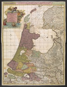 Kart over Holland, som viser bosetninger, myrer, skoger, åser, veier, elver og andre geografiske trekk. Viser tittel i en dekorativ kartusj oppe til venstre med Fame, Neptune og Thetis akkompagnert av putti som bærer armene til United Provinc av Nicolas Visscher