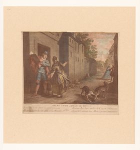 Straat Gezicht met man met boek Eller aldri tenk på alt (tittel på objekt) Fabels van Jean de La Fontaine (serietittel) Suite of New Prints for the Tales of La Fontaine (serietittel) av Nicolas de Larmessin (III)