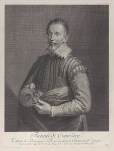 Portrett av en komiker: portrett av Francesco Andreini som holder en maske, 1729-40., 1729-40.