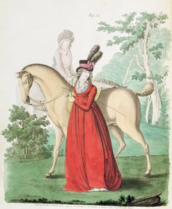 En dame som går ut på hesteryggen i ridekjole fra Nikolaus Heideloffs Gallery of Fashion, Vol II, juni 1795 (trykk) av Nicolaus von Heideloff