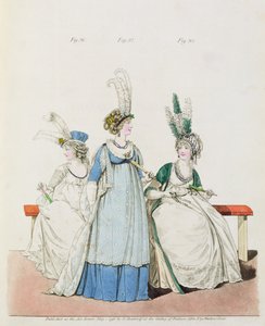 Aftenkjoler til opera og konserter, fig. 96, 97 og 98 fra Nikolaus Heideloffs "Gallery of Fashion", mai 1796 (trykk)