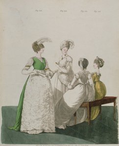 Fire jenter i ballkjoler fra "Gallery of Fashion" av N. Heideloff, april 1800 av Nicolaus von Heideloff