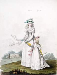 Mor og barn i morgenkjole fra Nikolaus Heideloffs "Gallery of Fashion", Vol II, august 1795 (trykk) av Nicolaus von Heideloff