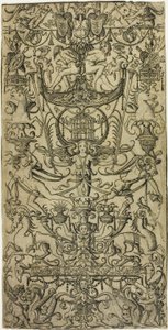 Panel av ornament med et fuglebur av Nicoletto da Modena