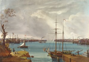Utsikt over New York, Brooklyn og Navy Yard tatt fra Heights nær Williamsburg, ca. 1835-45 (gouache, wc på papir)