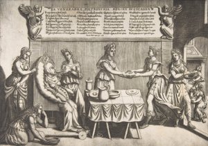 Ærverdige Idleness, Queen of Cockaigne, en feit kvinne som sitter på en bevegelig toalettstol som..., 1565. av Nicolo Nelli