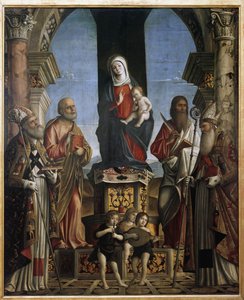 Jomfruen og barnet på tronen med St Nicholas, St Peter, St Barthelemy og St Augustine (olje på lerret