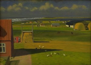 Et landskap med gårdshus på Vestjylland