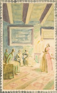 Jenny Lind synger i Weimar for storhertugens familie og H.C. Andersen. Utkast til freskedekorasjoner i H.C. Andersen Minnehall i Odense av Niels Larsen Stevns