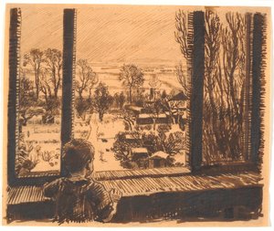 En gutt ved et vindu med utsikt over hagen og åkeren av Niels Skovgaard