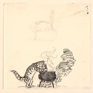 Illustrasjon til "Den tykke katten" og skisse av Niels Skovgaard