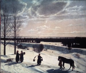 Vinterscene, russisk vinter (Vinterscene, russisk vinter). Beskrivelse av et snølandskap i kveldslyset, med figurer på veien: en leder en hest og kvinner, et lass med bøtter og to andre snakker i nærheten av en slede. pei