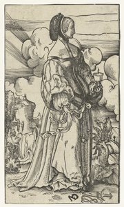 Klok jomfru med brennende oljelampe i landskap Five Wise and Five Foolish Virgins (serietittel) av Niklaus Manuel Deutsch