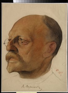 Portrett av Vikenti Vikentyevich Smidovitch, dit Vikenti Veressaiev (1867-1945), russisk lege og forfatter (Vikenty Vikentyevich Veresaev) - Tegning av Nikolai Andreevich Andreev (1873-1932) sangvin og fargestifter på papir (32,5x24 cm) av Nikolai Andreevich Andreev