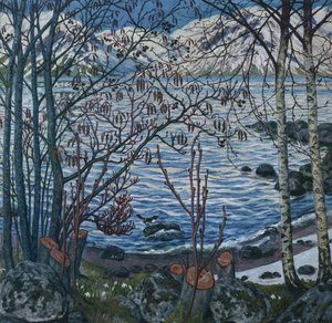 Fugl på stein (maleri) av Nikolai Astrup
