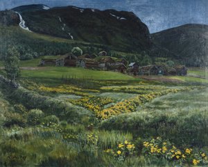 juninatt og gammelt vestlandstun (olje på lerret) av Nikolai Astrup