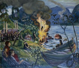 Midsummer fire at Jølster water (oil on canvas) av Nikolai Astrup