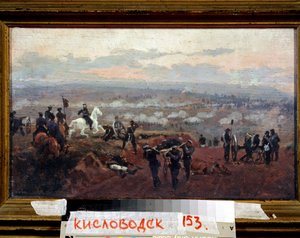 Attack on the Green Hills - Episode fra Krim-krigen (1853-1856) - Maleri av Nikolai Dmitrievich Dmitriev Orenbourgsky (Dmitriev-Orenbourgsky eller Dmitriev Orenburgsky eller Dmitriev-Orenburgsky) (1837-1898), olje på tre av Nikolai Dmitrievich Dmitriev Orenburgsky
