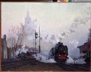 På veien (på vei). Damplokomotiver drukner bylandskapet i røyken fra skorsteinene. Maleri av Nikolai Dmitryevich Kuznetsov (1923-1974), olje på lerret