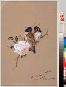 Two Birds On A Rose - Verk av Nikolai Yegorovich Sverchkov (Nicolas Swertschkoff) (1817-1898), akvarell og blekk på papir