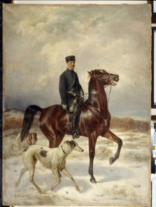 Jegeren (jegeren). På hesteryggen og akkompagnert av sine Barzoi-hunder (russisk mynde). Maleri av Nikolai Yegorovich Sverchkov (Nicolas Swertschkoff) (1817-1898), olje på lerret. russisk kunst