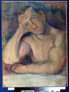 Portrait du poet Benedikt Livchits (1886-1939) (Portrait of the poet Benedikt Livshits) - Represente torse nu, la tete penchee, posee dans sa main - Oeuvre de Nikolai Ivanovich Kulbin (Nicolas Koulbine) (1868-1917), pastell på papir