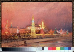 Belysning av Kreml i Moskva. Bylandskap, med russiske flagg og folkemengder samlet på kaiene langs Moskva. Maleri Nikolai Nikolayevich Gritsenko (1856-1900), olje på lerret 1896. Russisk kunst, pa av Nikolai Nikolaevich Gritsenko