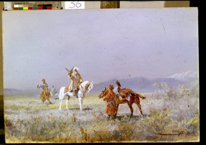 Falkejakt (Falkejakten). Sentralasiatiske ryttere trener falker for jakt i steppene. Maleri av Nikolai Nikolayevich Karasin (1842-1908), olje på lerret av Nikolai Nikolaevich Karazin