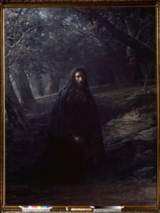""Kristus i Oljehagen"" Jesus på Oljeberget (eller Getsemani-høyden) som dominerer Jerusalem, beveger seg bort fra de sovende disiplene for å be før arrestasjonen. Maleri av Nikolai Nikolayevich Ge (homofil) (1831-1894) 1869-1880 State Tre