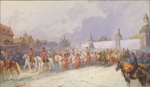 Innreise av den fangede familien til Kuchum Khan i Moskva. 1599, 1891.