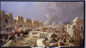 Den russiske hæren invaderer Samarkand (Usbekistan) (Den russiske hæren invaderte Samarkand). Periode med russisk ekspansjon til Sentral-Asia, russerne tar Samarkand i 1868. Maleri av Nikolai Nikolayevich Karasin (1842-1908), olje på lerret 1888. Kunst