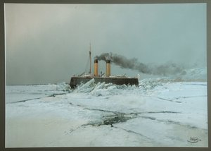 Det russiske isbryterskipet Iermak (Icebreaker Yermak) - Verk av Nikolai Nikolayevich Karasin (1842-1908), akvarell og hvitt på papir (45,4x76 cm)