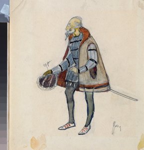 Forberedende kostyme, The Miserly Knight, for teaterstykket ""The Avare Knight"" av Alexander Pushkin (1799-1837) (Kostumedesign for teaterstykket The Miserly Knight av A Pushkin) - Verk av Nikolai Pavlovich Ulyanov (Ulyanov) ( 1875-194