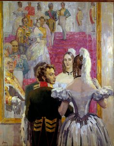 Den russiske poeten Alexander Pushkin (Pushkin) (1799-1837) og hans kone Natalia Gontcharova (Goncharova) på Anichkof Palace Ball. Maleri av Nikolai Pavlovich Ulyanov (Ulyanov) (1875-1949)