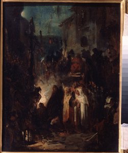 Autodafe (Autodafe). Gatebilde, om natten, etter dom fra inkvisisjonsdomstolen, er folkemengden og de geistlige samlet rundt bålet. Verk av Nikolai Petrovich Lomtev (1816-1859), olje på papp. russisk kunst av Nikolai Petrovich Lomtev
