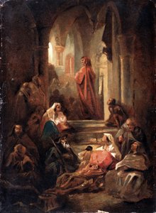 En scene fra livet til Dante Alighieri (1265-1321) (En scene fra Dante Alighieris liv). Verk av Nikolai Petrovich Lomtev (1816-1859), olje på papp av Nikolai Petrovich Lomtev