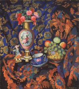 Stilleben med porselen og blomster, 1913 av Nikolai Semyonovich Zaytsev