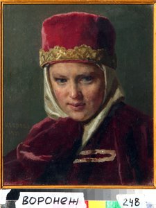 Boyar Woman (brett, boiar) (Boyars kone). Iført tradisjonelle klær fra det gamle Russland, i storhertugdømmet Moskva. Maleri av Nikolai Vasilyevich Nevrev (1830-1904), olje på lerret