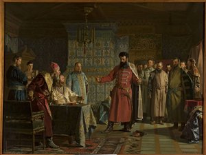 La querelle de Zakhary Petrovich Lyapunov (mort apres 1612) avec le tsar Vassili IV Chouiski (1552-1612) au Kremlin - Zakhary Lyapunovs krangel med tsaren Vasili Shuisky ved Kreml, av Nevrev, Nikolai Vasiich- (90430ev) (90430ev). Olje på lerret av Nikolai Vasilievich Nevrev