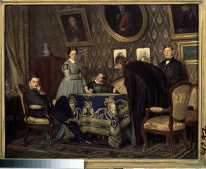 Menigheten. Karakterer som så flaue og skamfulle ut samlet seg rundt et bord i et borgerlig interiør. Maleri av Nikolai Vasilyevich Nevrev (1830-1904)