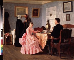 Matchmakingen. Møte organisert rundt en kopp te, for organisering av bryllupet til et ungt par. Maleri av Nikolai Vasilyevich Nevrev (1830-1904), olje på lerret