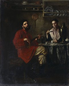 Hjemmekoselig scene for bondelivet, 1855 av Nikolai Vasilyevich Nevrev