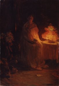 Et brev (Et brev). En trist kvinne, med et veldig melankolsk ansikt, i nattkjole, nær en nattbordslampe, holder et brev, hvis konvolutt har falt på gulvet. Maleri av Nikolai Alexeyevich Kasatkin (Kasatkin) (1859-1930), olje på lerret