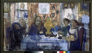 Drikk te. En familie samlet rundt et bord med en samovar i sentrum. Verk av Nikolai Nikolayevich Sapunov (Sapunov) (1880-1912), tempera på papp
