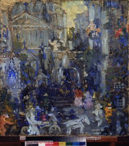 Forberedende dekor for stykket ""The Mask of the Red Death"" (The Mask of the Red Death) av Edgar Allan Poe (1809-1849). Verk av Nikolai Nikolayevich Sapunov (Sapunov) (1880-1912), tempera på papp, rundt 190 av Nikolaj Nikolaevic Sapunov