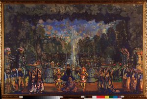 Den tyrkiske seremonien. Forberedende dekor til stykket ""Le bourgeois gentilhomme"" av Moliere (1622-1673). Verk av Nikolai Nikolayevich Sapunov (Sapunov) (1880-1912), tempera på lerret av Nikolaj Nikolaevic Sapunov