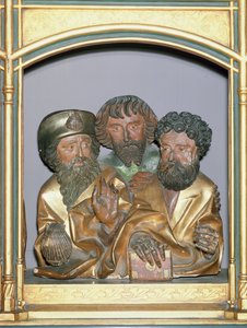 Treutskjæringer av St. Jakob den større, St. Simon og St. Thaddeus, fra predellaen til Isenheim-altertavlen, ca. 1490 (malt tre)